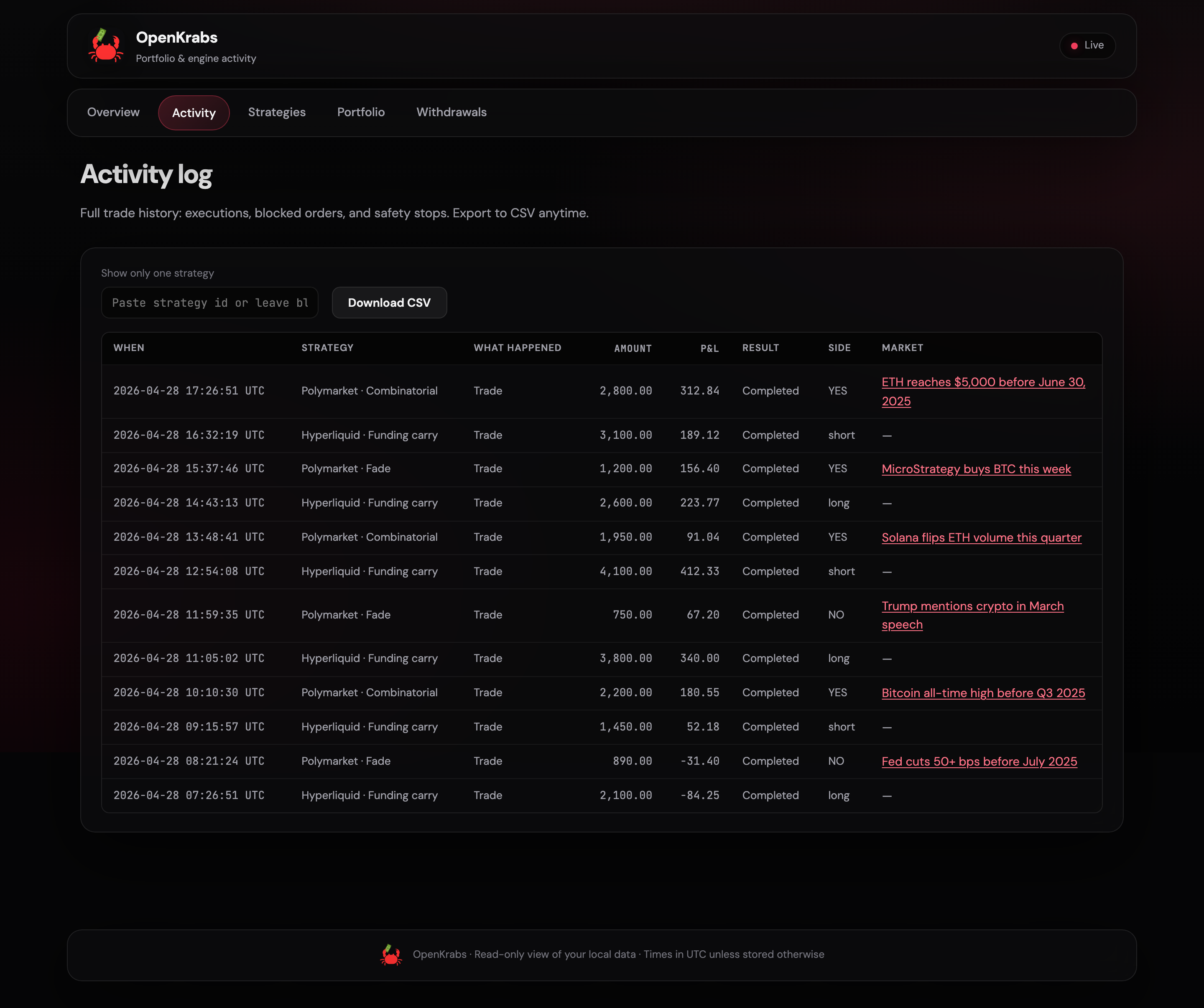OpenKrabs activity view: recent fills and route telemetry