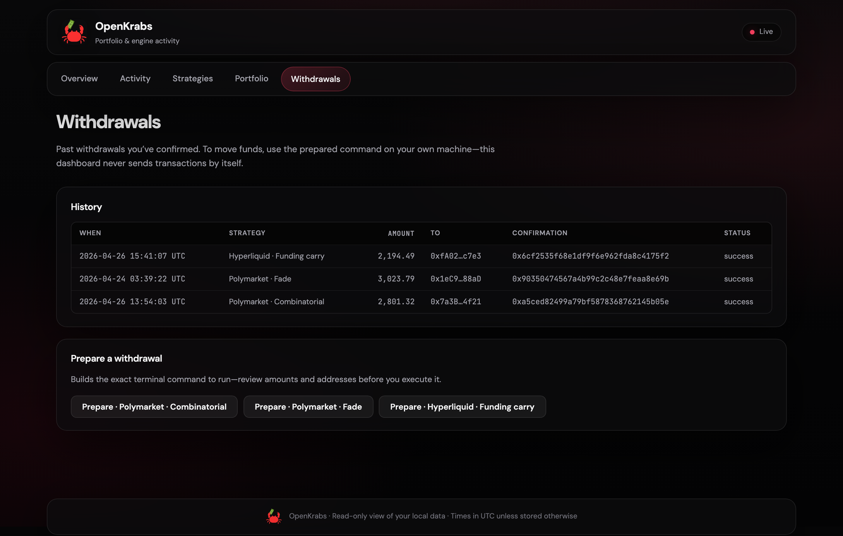 OpenKrabs withdrawals view: balance movement out of the desk